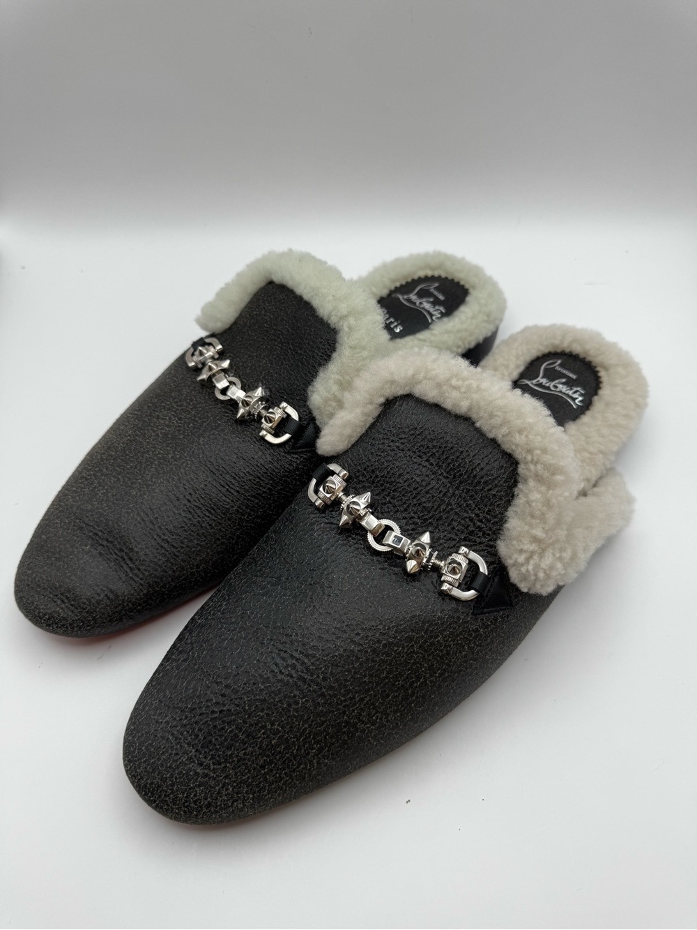 Christian Louboutin Woolito Swing Flat 43 Black Shearling Leather Mule Loafers